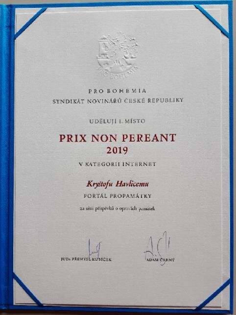 Diplom Prix non pereat 2019 pro Kryštofa Havliceho