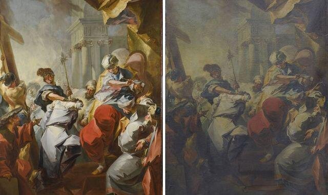 Jeden z obrazů křížové cesty po restaurování a před restaurováním