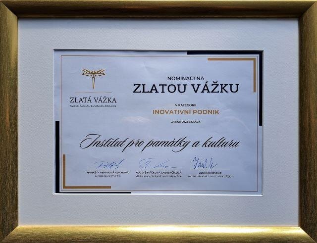 Certifikát ze soutěže Zlatá vážka pro Institut pro památky a kulturu