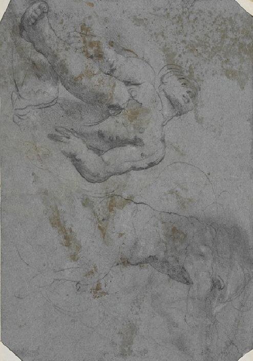 Dvě skici spících mužských aktů ve schoulené poloze, kolem roku 1555, Taddeo Zuccari
