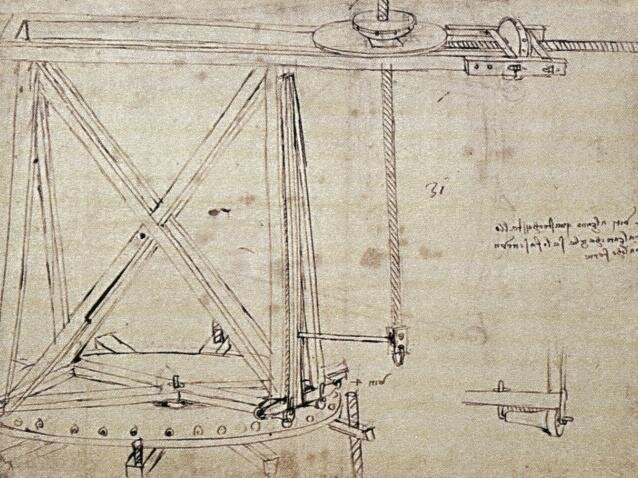 Leonardo da Vinci - kresba otočného jeřábu (Codex Atlanticus 1487) 