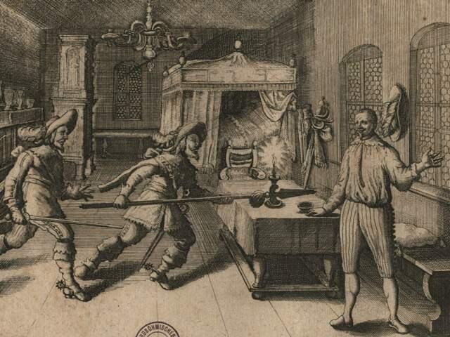 Matheus Merian (1593–1650), Zavraždění Albrechta z Valdštejna v Chebu 25. února 1634, pol. 17. století, lept, papír (výřez)