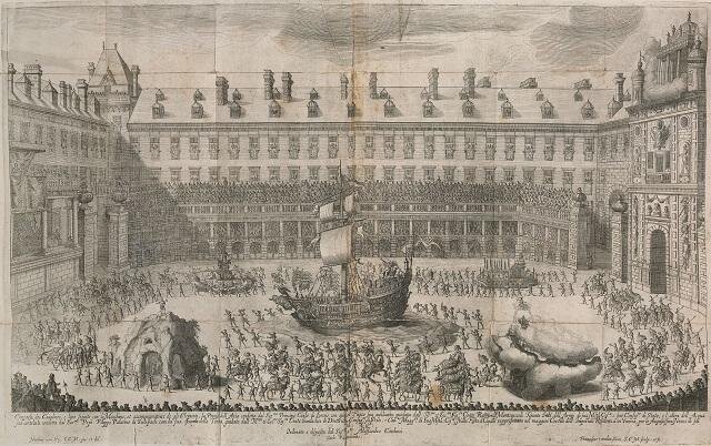 Jan van Ossenbeeck podle Nicolaase van Hoye, Příjezd průvodu do koňského baletu hraného při příležitosti sňatku císaře Leopolda I. s Markétou Terezou Španělskou v roce 1667