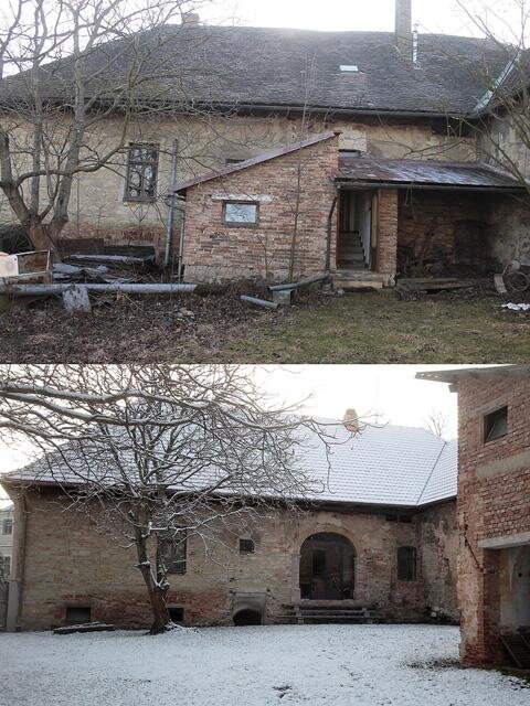Srovnávací stav dvorního křídla před a po obnově