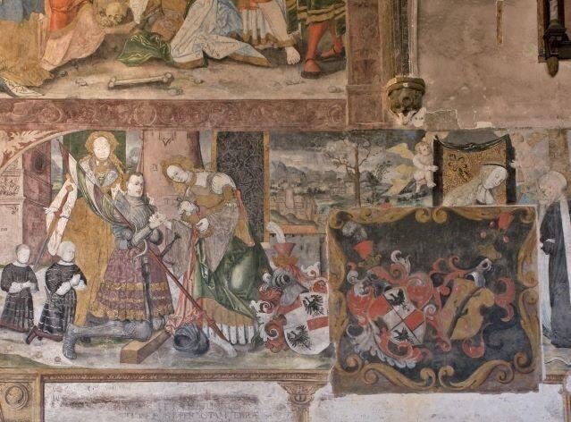 Nástěnné malby provedené malíři ze školy Lucase Cranacha staršího v letech 1529–1531 v presbytáři kostela, výjev s donátory