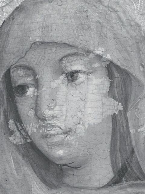 Navštívení Panny Marie – detail hlavy Panny Marie, IR reflektografie (je zjevné, že rozsáhlý defekt zasáhl v původní malbě i celé Mariino levé oko)