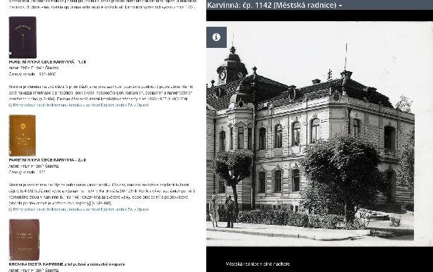 Ukázka prezentace objektů (domů a míst). V informační (výsuvné) části se zobrazují napojené digitalizáty nejrůznějších archiválií, například kroniky.