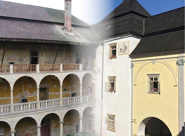 Zámek v Hustopečích na prolínajícím se snímku před a po obnově