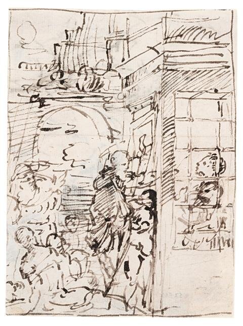Giulio Campi, studie kompozice výjevu sv. Petr navštěvuje sv. Agátu ve vězení, 1537