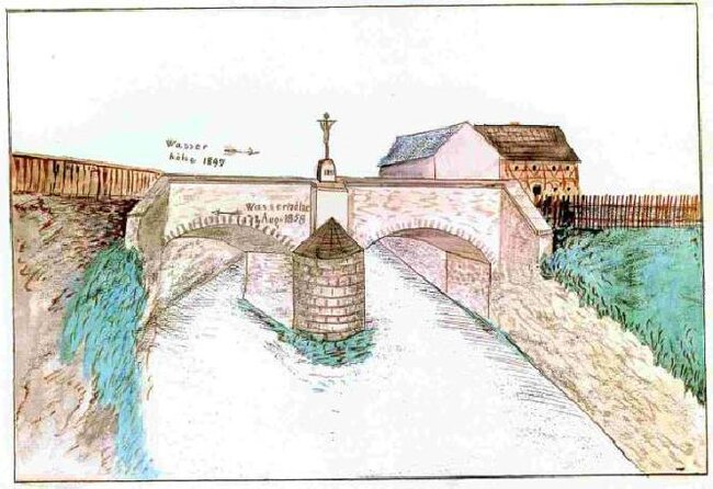 Historický most v Chrastavě, který stál na témže místě jako most nový (17. století). Stržen byl povodní 30. 7. 1897.