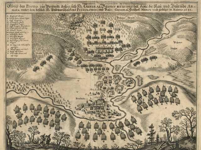 Matheus Merian podle nákresu Carla Cappiho, Povstání polního maršálka Piccolominiho a generála Mercy u Březnice v březnu 1641 proti generálu Bannerovi, 1670 (výřez)