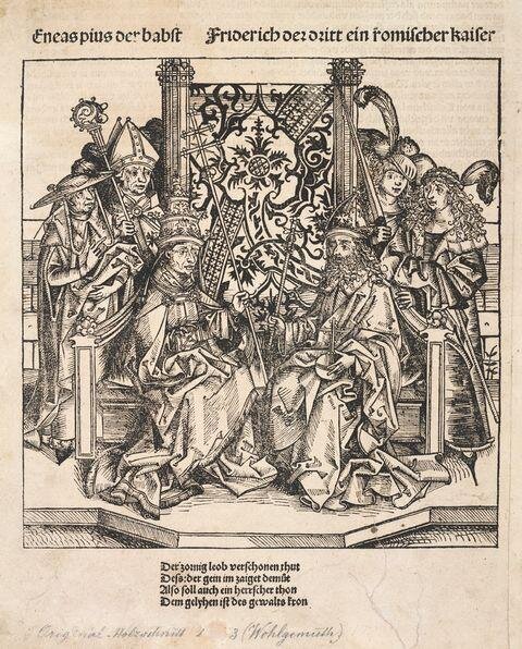 Michael Wolgemut a Wilhelm Pleydenwurf, Papež Pius II. a římský císař Friedrich III., 1493, dřevořez