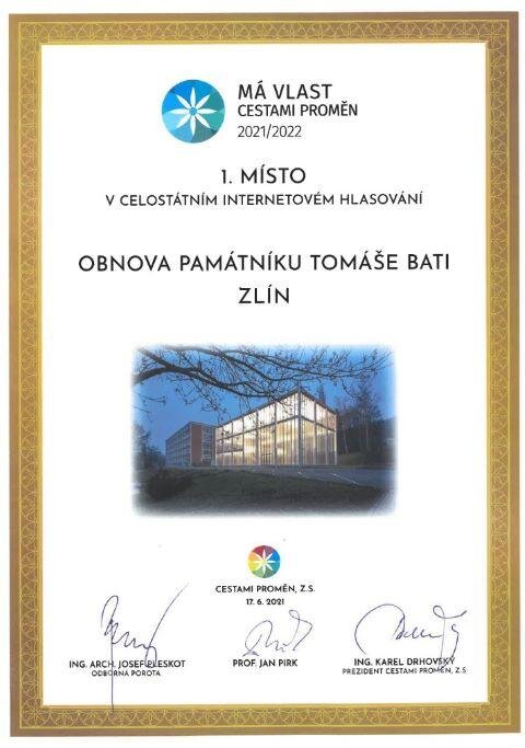 První místo za nejzdařilejší proměnu získal Památník Tomáše Bati v internetovém hlasování veřejnosti.