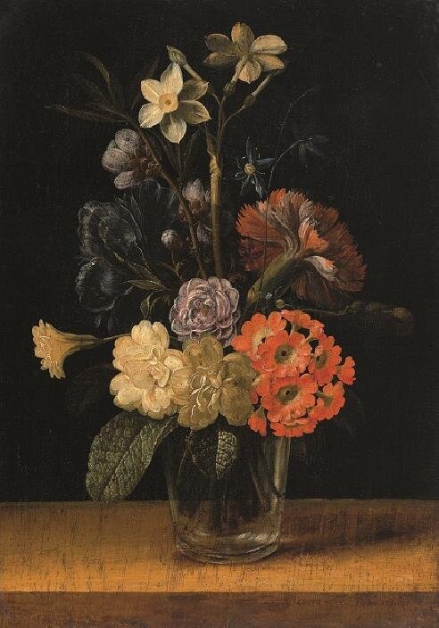 Kytice ve sklenici s petrklíči, olej, dřevo, rok 1716