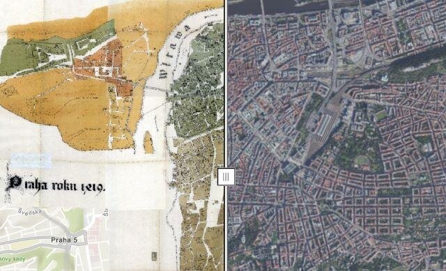 Tomkův plán Prahy zachycující stav v roce 1419 a vpravo odkrytá orfototomapa Prahy z roku 2023