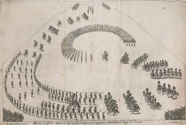 Jan van Ossenbeeck podle Nicolaase van Hoye, Příjezd průvodu do koňského baletu hraného při příležitosti sňatku císaře Leopolda I. s Markétou Terezou Španělskou v roce 1667