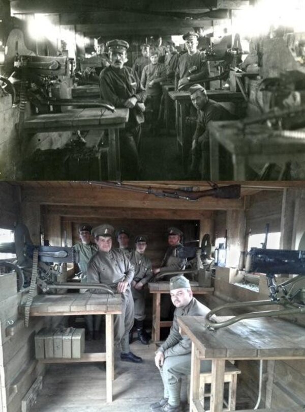 Legionáři na dobové fotografii a pod nimi nadšenci vojenské historie