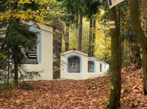 Křížová cesta na vrchu Ronšperk má 14 zastavení a je zajímavá tím, že výjevy poslední cesty Ježíše Krista jsou na kachlích zpracovány technikou holandského fajáns.