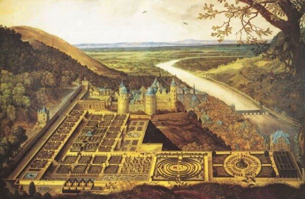 Hortus Palatinus - barokní zahrada ve stylu italské renesance u zámku Heidelberg v Německu. Autorem obrazu je barokní malíř Jacques Fouquier (1590/1591-1659).