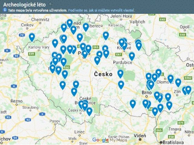 Mapa s vyznačenými lokalitami, kde se budou odehrávat akce Archeologického léta.