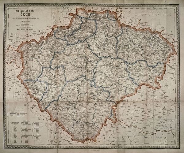 Historická mapa Čech z roku 1894 zachycující české země ve 14. století