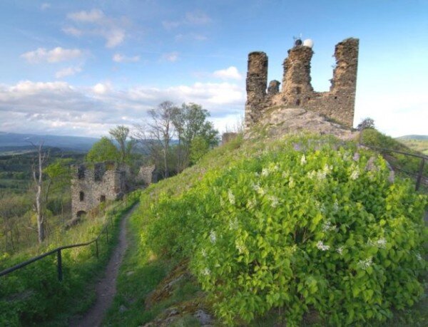 Rozsáhlé zříceniny gotického hradu z druhé poloviny 14. století na mohutném skalním ostrohu nad městečkem Andělská Hora.