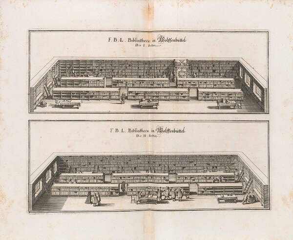 Pohled na hlavní sál vévodské knihovny ve Wolfenbüttelu publikovaný v roce 1654