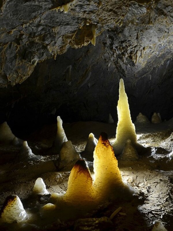 Průsvitné stalagmity zdobí Křišťálovou sluj v Pustožlebské Zazděné jeskyni nedaleko Punkevních jeskyní v Moravském krasu.