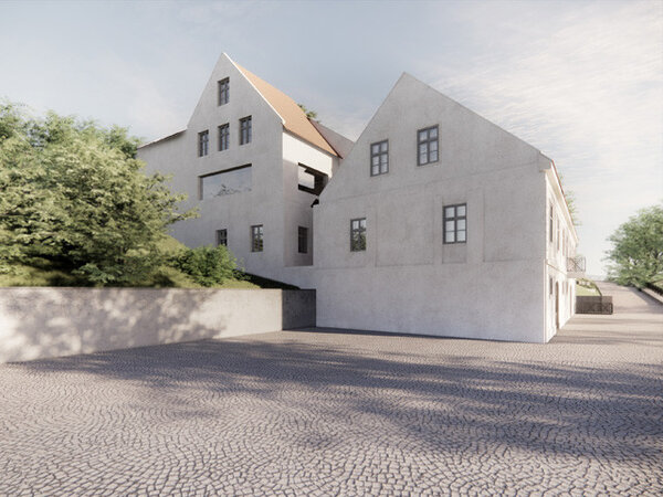 Vizualizace obnoveného pivovaru při pohledu od mlýna