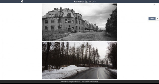 Srovnávací snímek domu čp. 1413 ve staré Karvinné tehdy a nyní