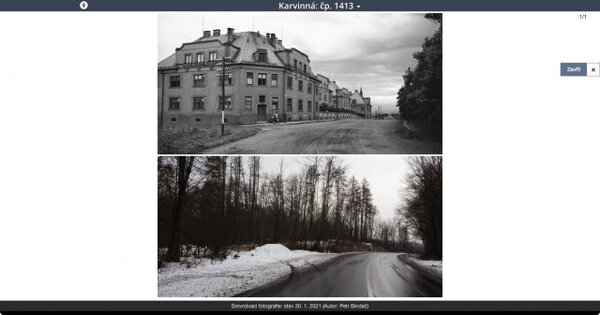 Srovnávací snímek domu čp. 1413 ve staré Karvinné tehdy a nyní