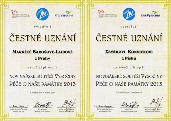 Čestná uznání soutěže Péče o naše památky 2013 