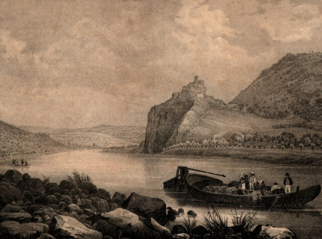 Dobové vyobrazení hradu Střekov z roku 1850