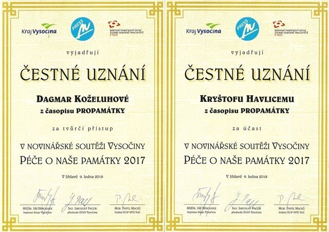 Čestná uznání soutěže Péče o naše památky 2017 