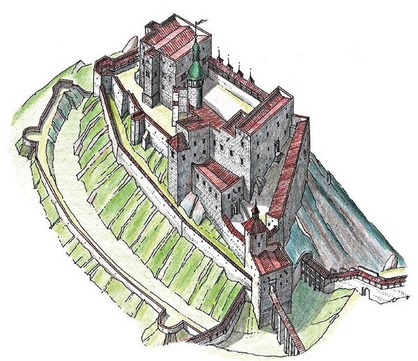 Pokus o rekonstrukci podoby jádra hradu Lukova v době na počátku 17. století.