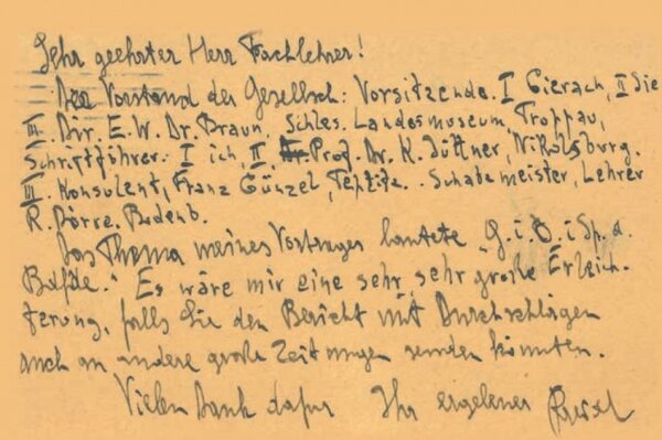Dopis Helmutha Preidela Josefu Kernovi ze dne 4. 11. 1924 se seznamem činovníků Německé společnosti pro pravěk a ranou dobu dějinnou v Československu