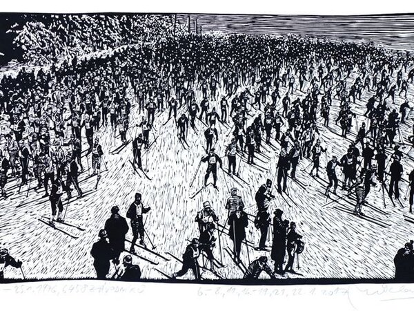 Michal Cihlář, Jizerská 50 Start, 2017, linoryt, 41,7 × 96,3 cm, soukromá sbírka