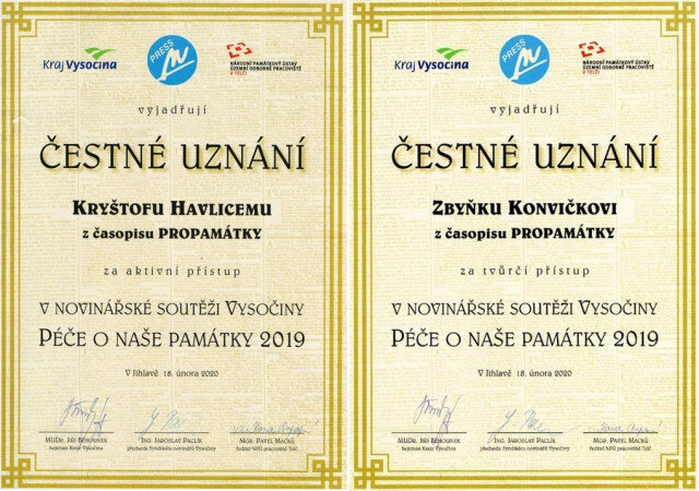 Redaktoři týmu PROPAMÁTKY opět uspěli v novinářské soutěži Vysočiny.