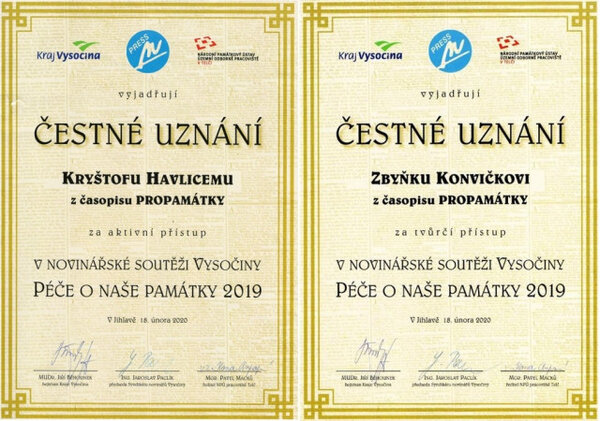 Redaktoři týmu PROPAMÁTKY opět uspěli v novinářské soutěži Vysočiny.