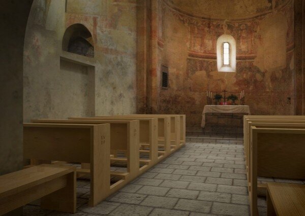 Nové lavice byly navrženy v jednoduchém pojetí, aby vynikla krása románských fresek.