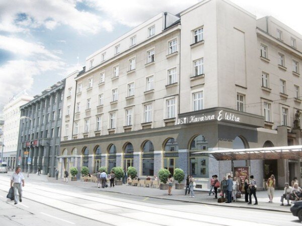 Palác Elektra byl postaven v letech 1924 až 1926. Původně se jmenoval Hornický dům (vizualizace exteriéru). 