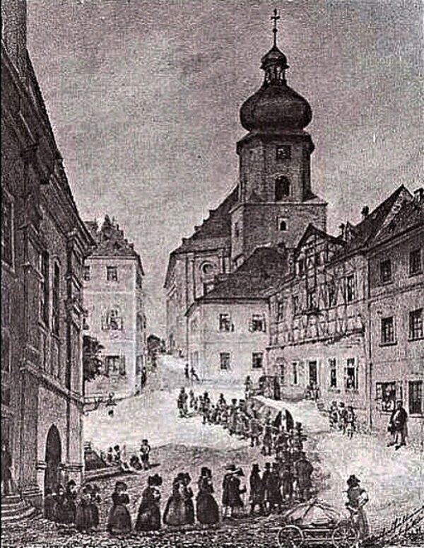 Fotografie akvarelu faráře Traugotta Alberiho zaniklého kostela Nejsvětější Trojice v Aši