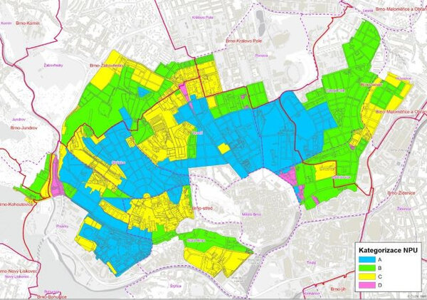 Mapa čtvrtí Brna, kde vznikla památková zóna.
