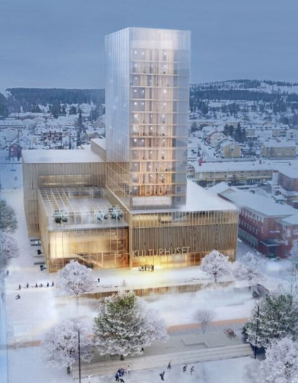 Hlavním stavebním materiálem pro komplex SARA KULTURHUS bylo dřevo.